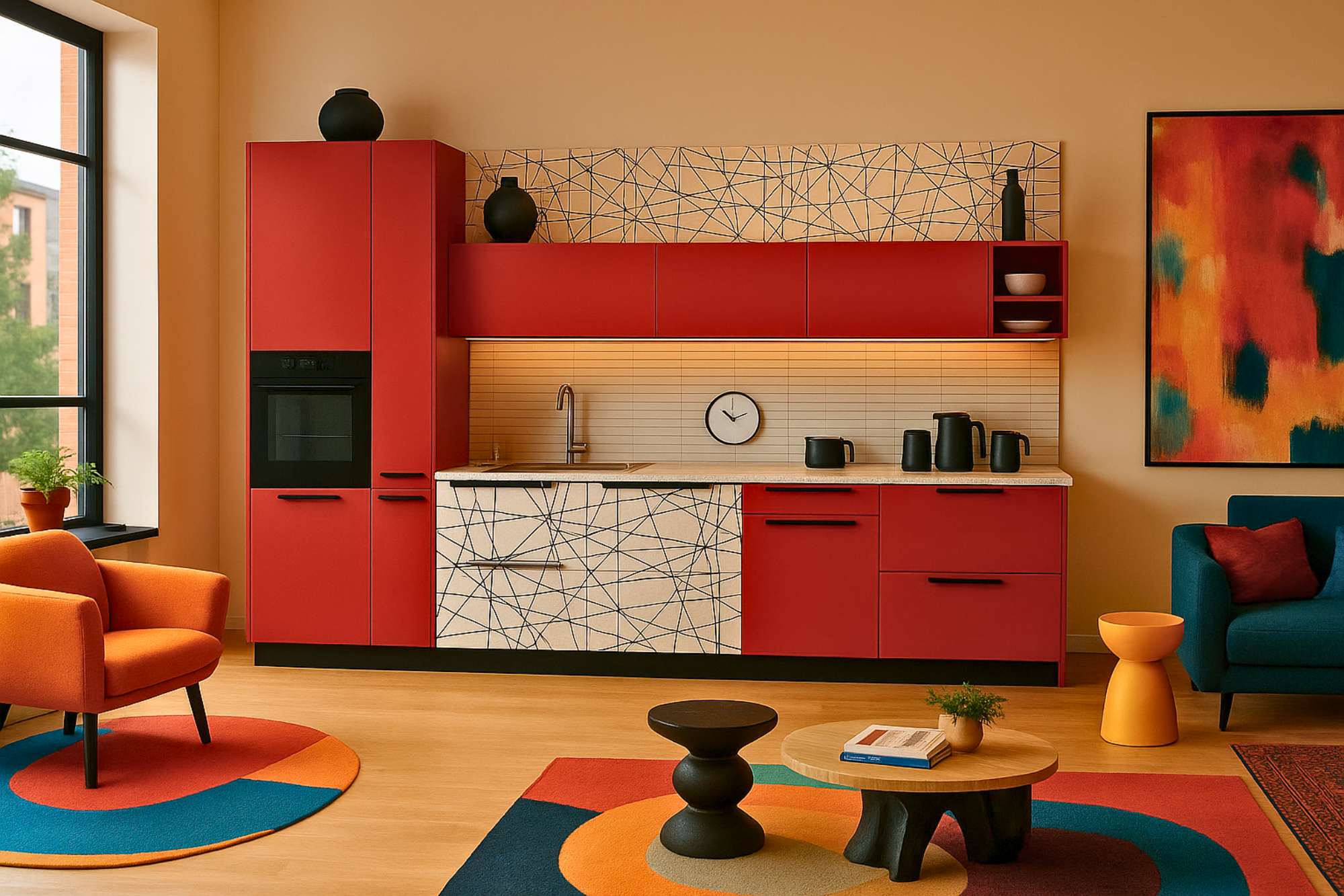Ambientazione living eclettico cucina De Rosso Ambientazione living eclettico cucina De Rosso